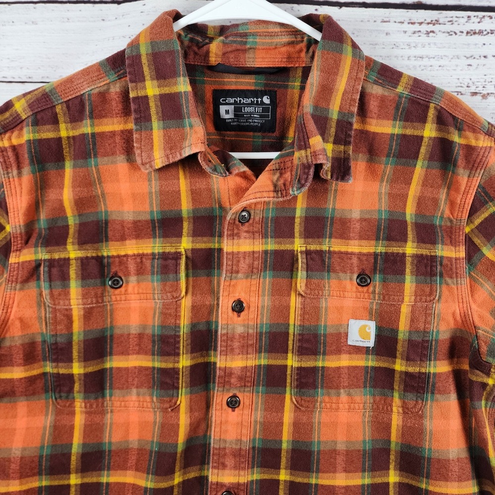 Carhartt 105439 Flannel Shirt Men M Loose Fit Heavyweight Plaid Orange Button Up